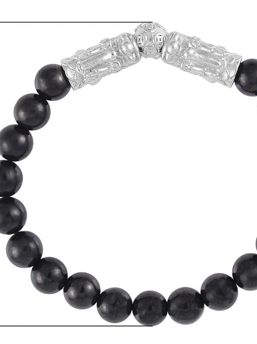 Shungite Beaded Stretch Bracelet,  Dragon Charm in Rhodium over Sterling Silver